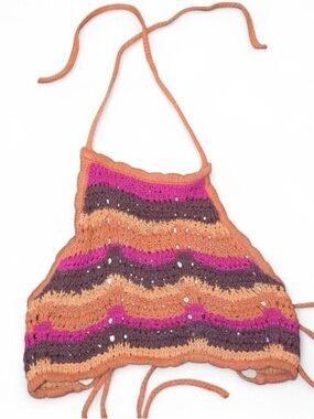 Cotton On Orange, Pink & Brown Crocheted Halter Crop Top